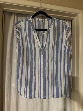 Old Navy Blue and White Vertical Stripe Split-Neck Blouse